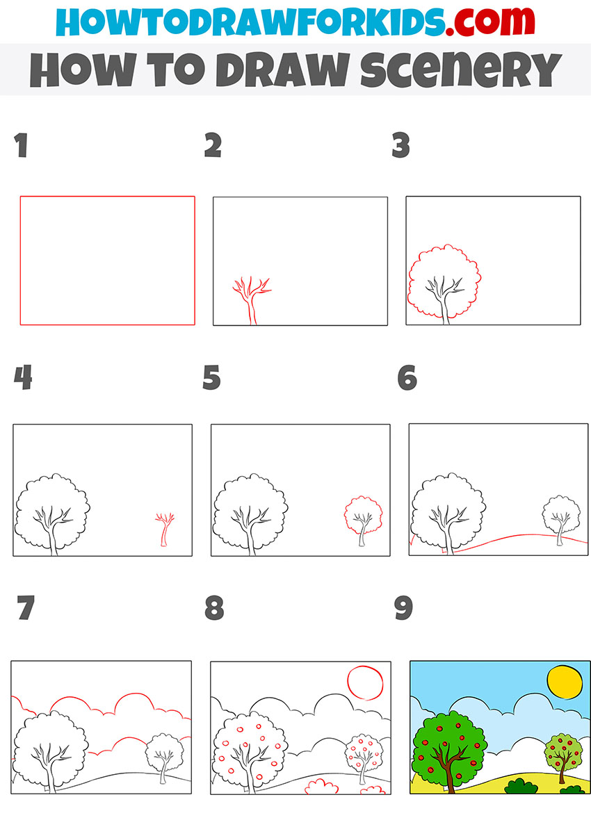 how to draw scenery step by step