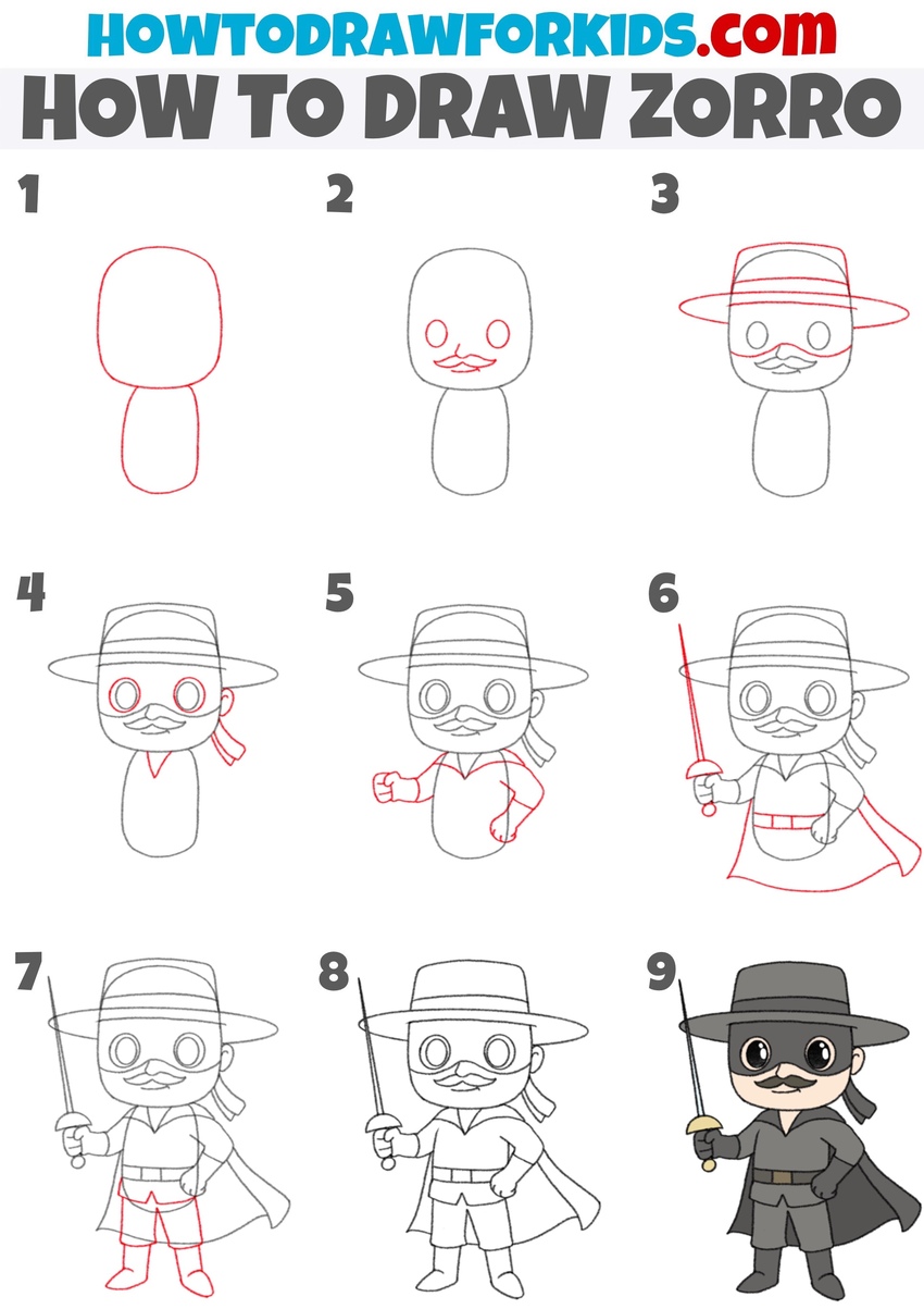how to draw zorro step by step