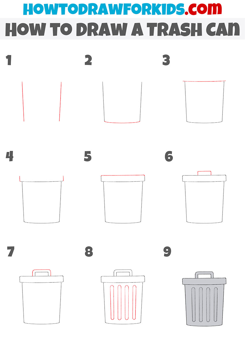 How To Draw A Trash Can Cute Easy Step By Step Drawing Lessons For Kids ...