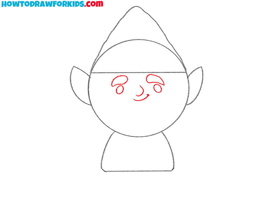 Draw the facial features of the gnome