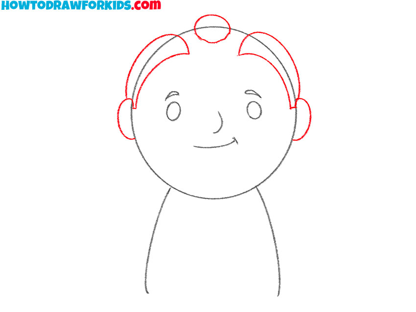 Sketch the traditional hairstyle and ears