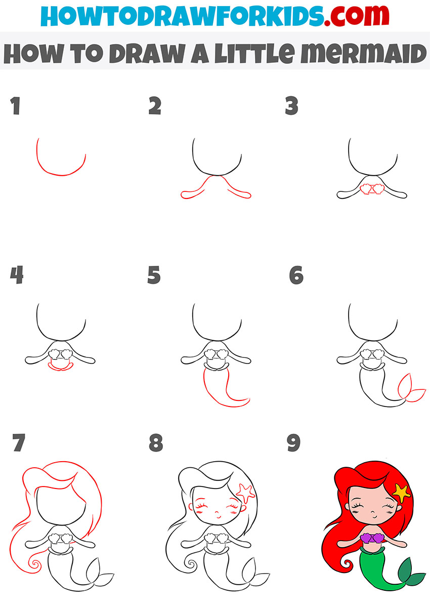 how to draw a little mermaid step by step
