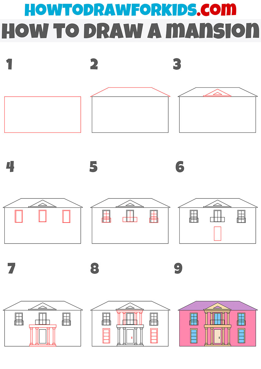 how to draw a mansion step by step