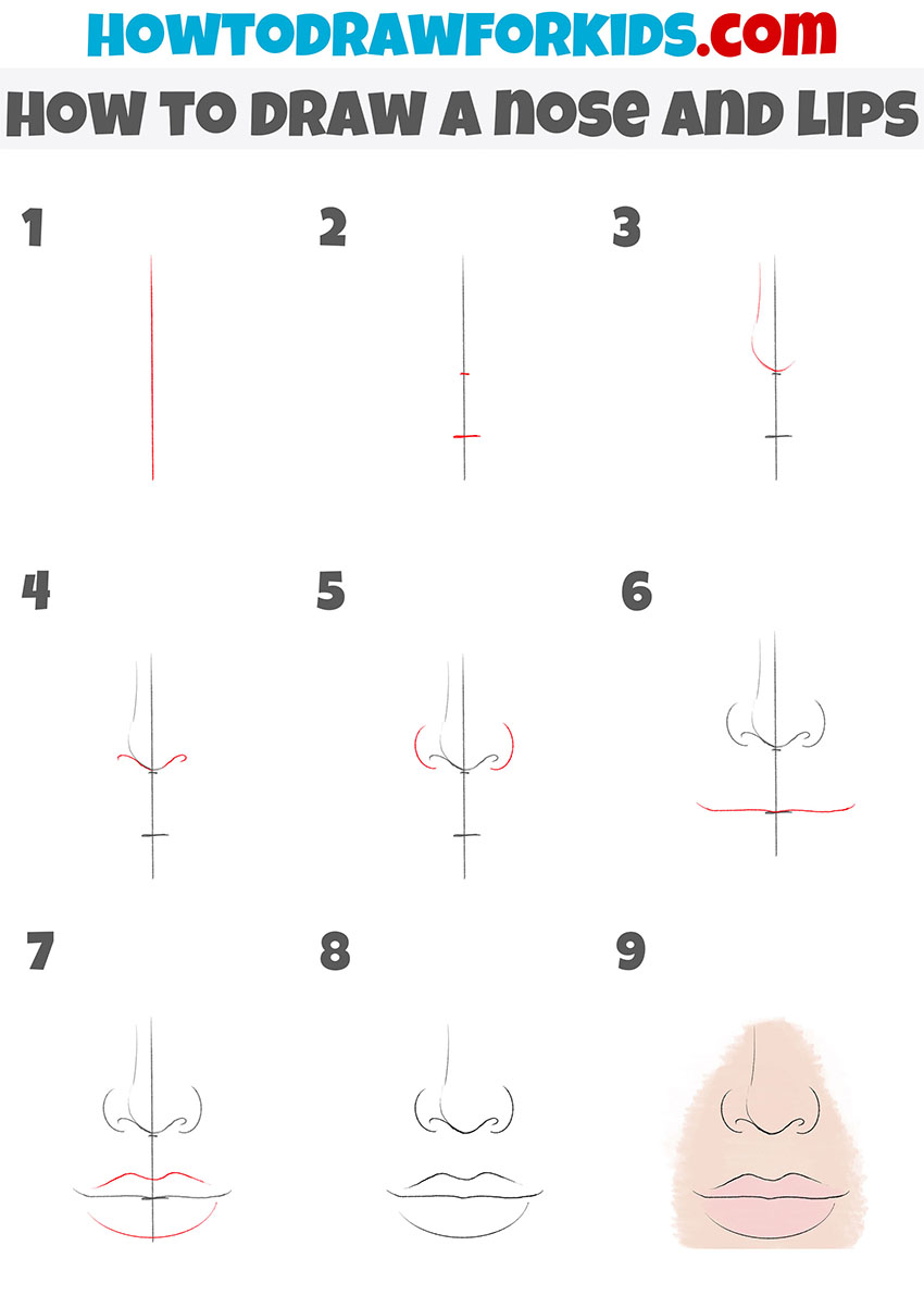 how to draw a nose and lips step by step