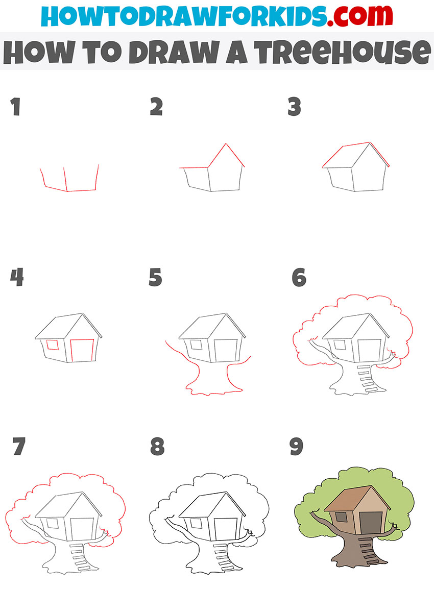 how to draw a treehouse step by step