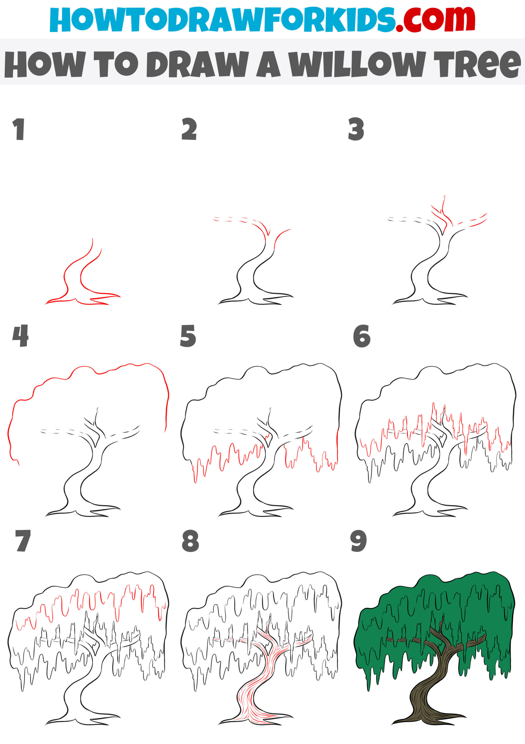 how to draw a willow tree step by step