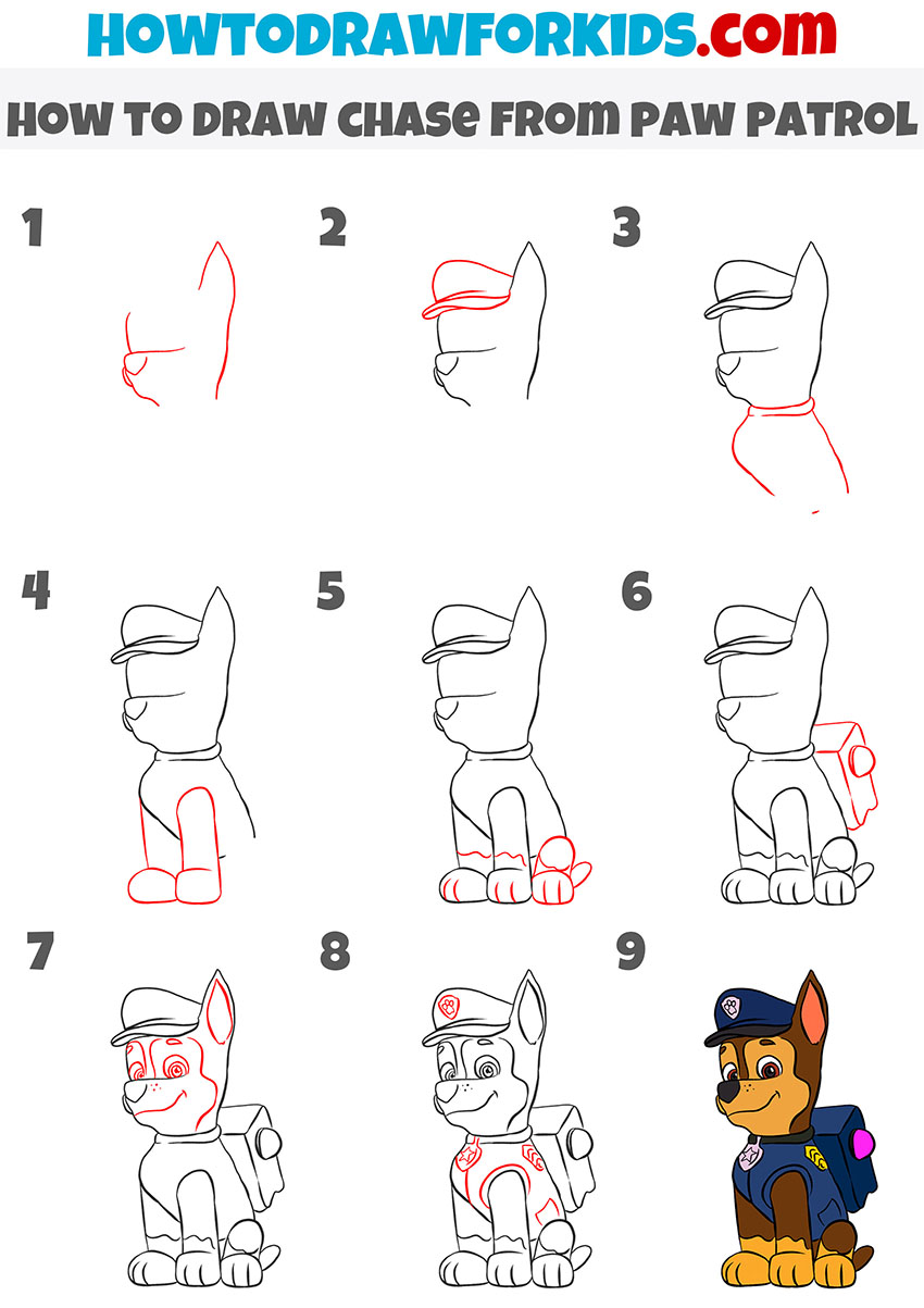 how to draw chase from paw patrol step by step