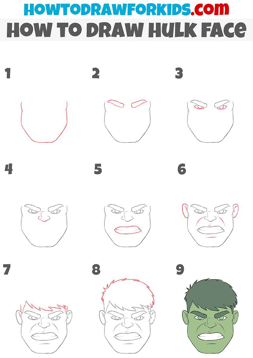 how to draw the Hulk’s face step by step