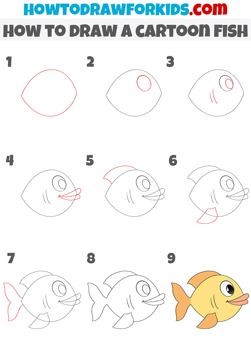 how to draw a cartoon fish step by step