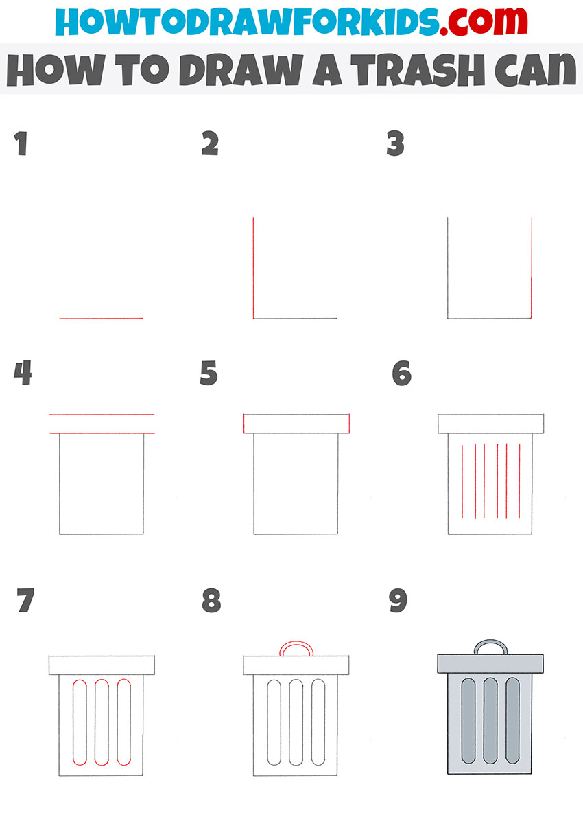 how to draw a trash can step by step