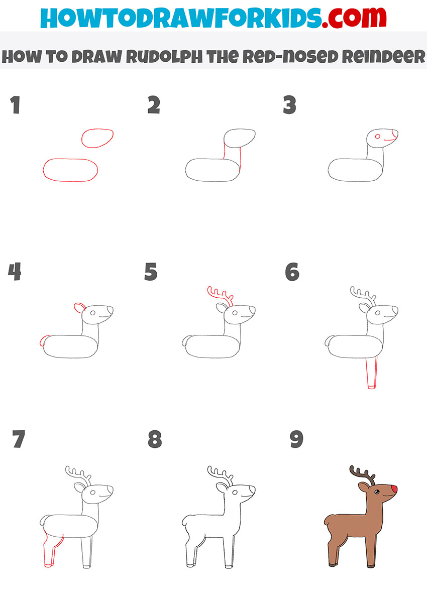 how to draw rudolph the red-nosed reindeer step by step