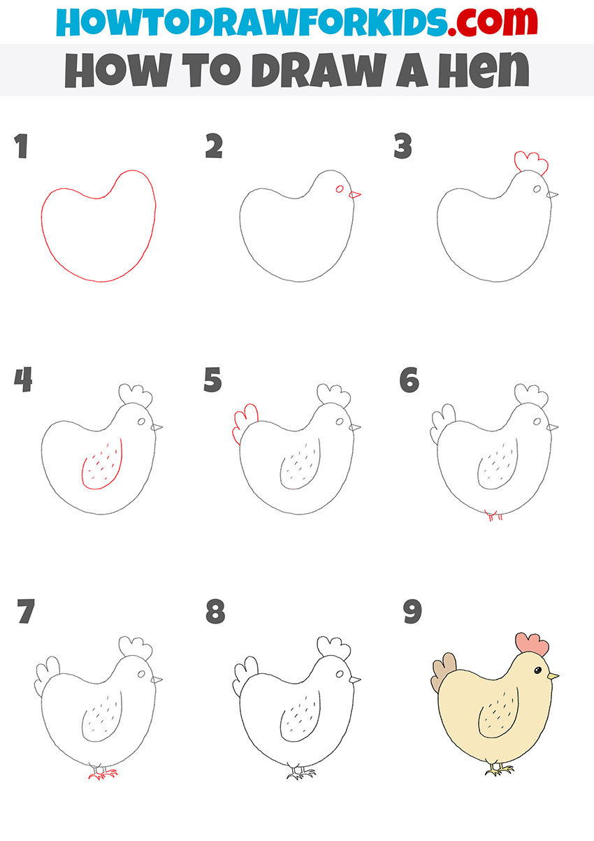 how to draw a hen step by step