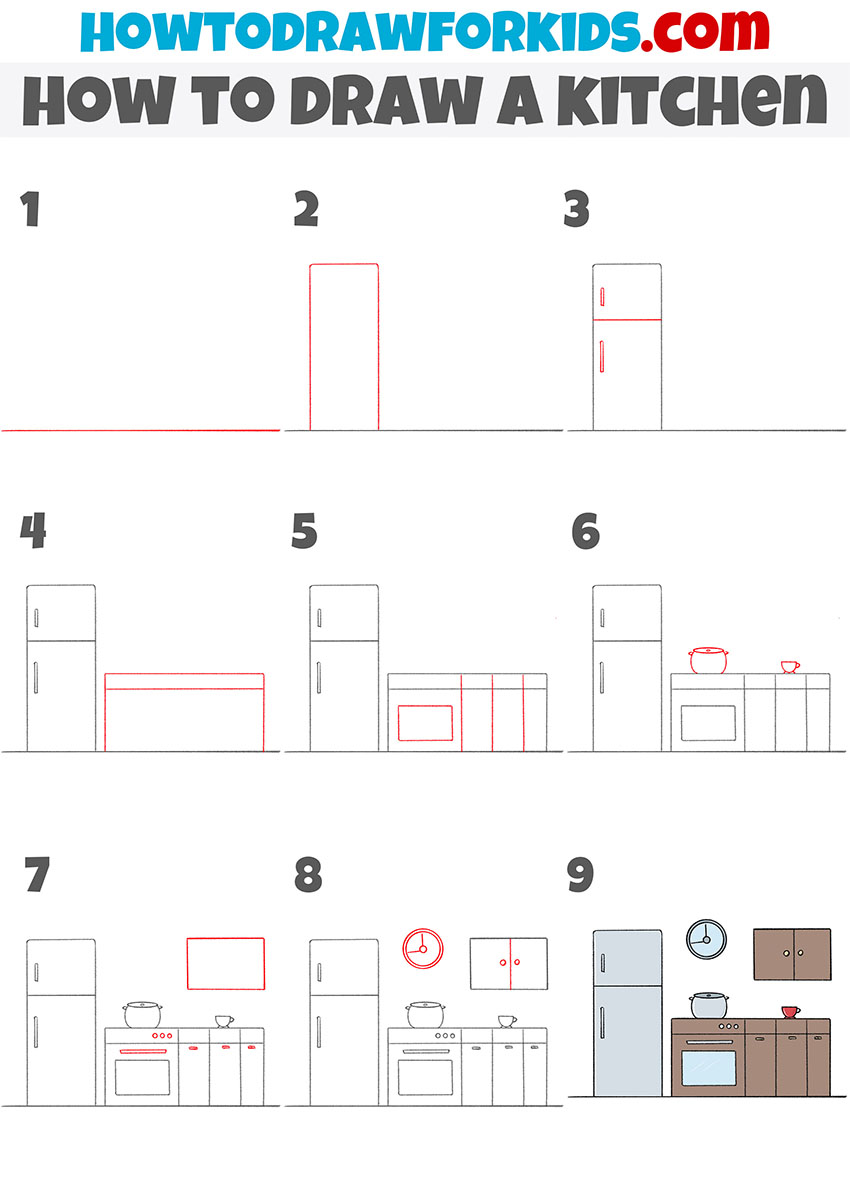 how to draw a kitchen step by step