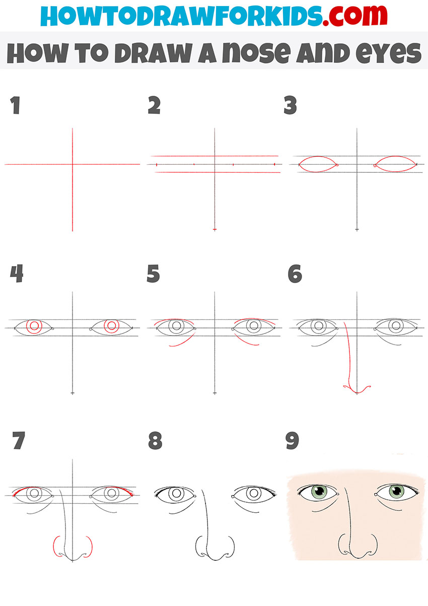 how to draw a nose and eyes step by step