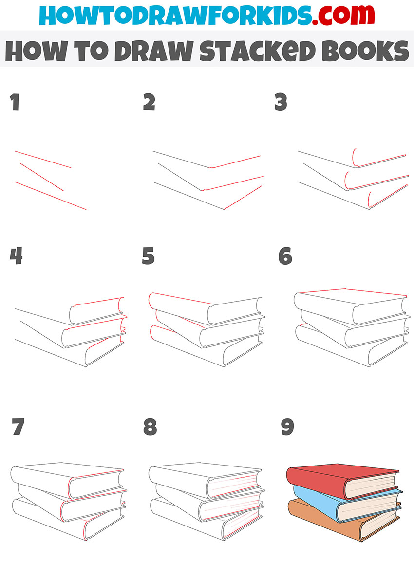 how to draw stacked books step by step