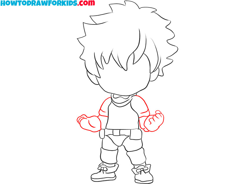 Sketch the clenched fists of the anime hero