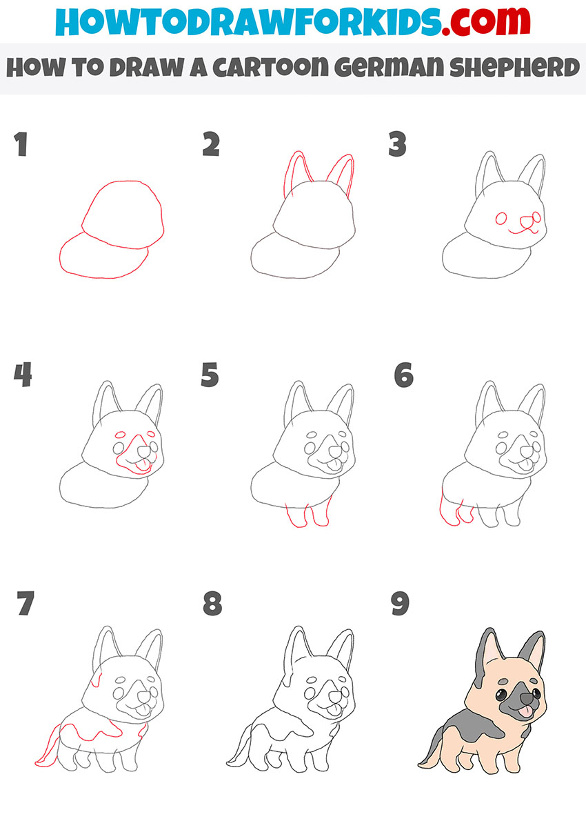how to draw a cartoon German Shepherd step by step