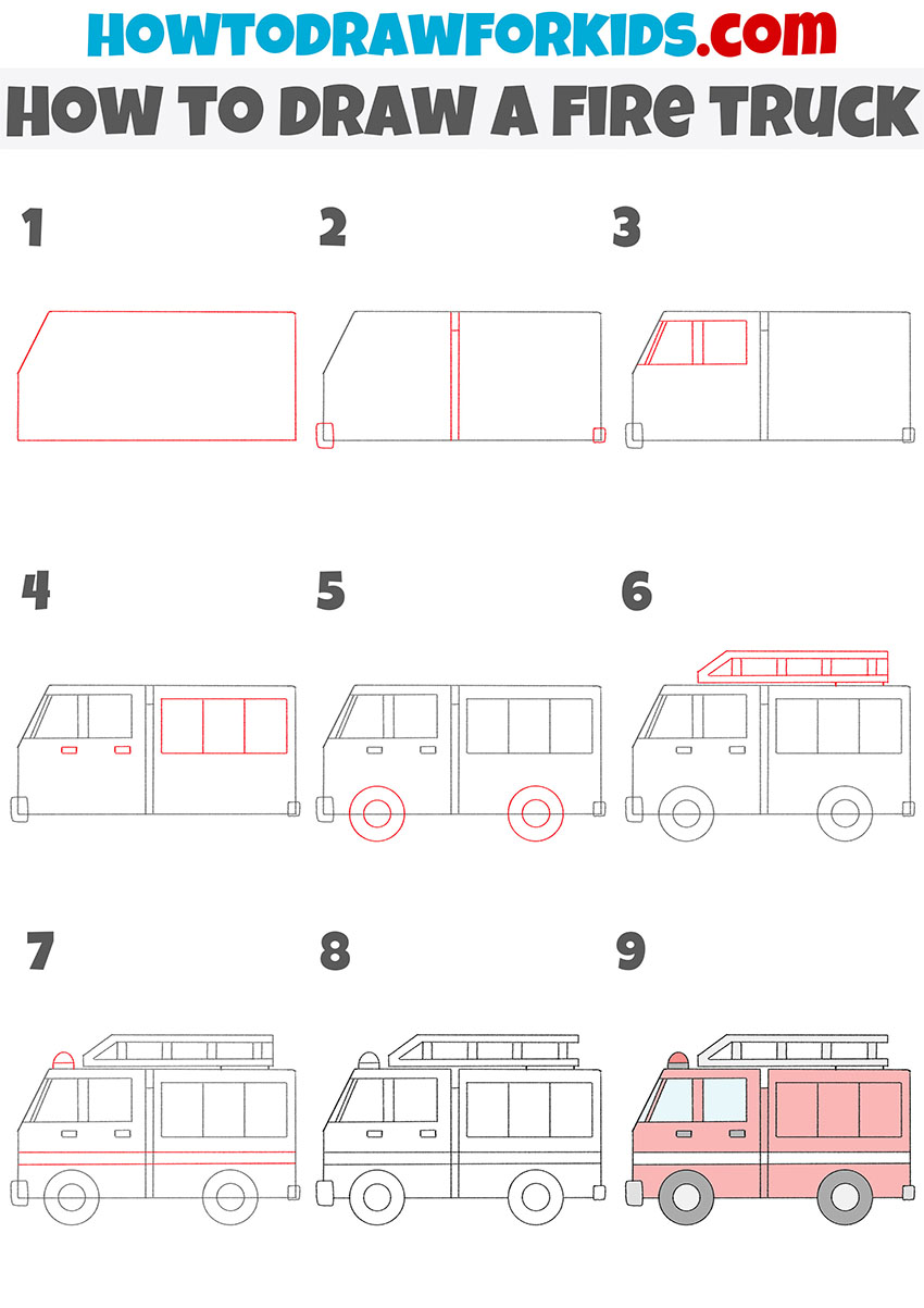 Easy How to Draw a Fire Truck Tutorial and Coloring Page