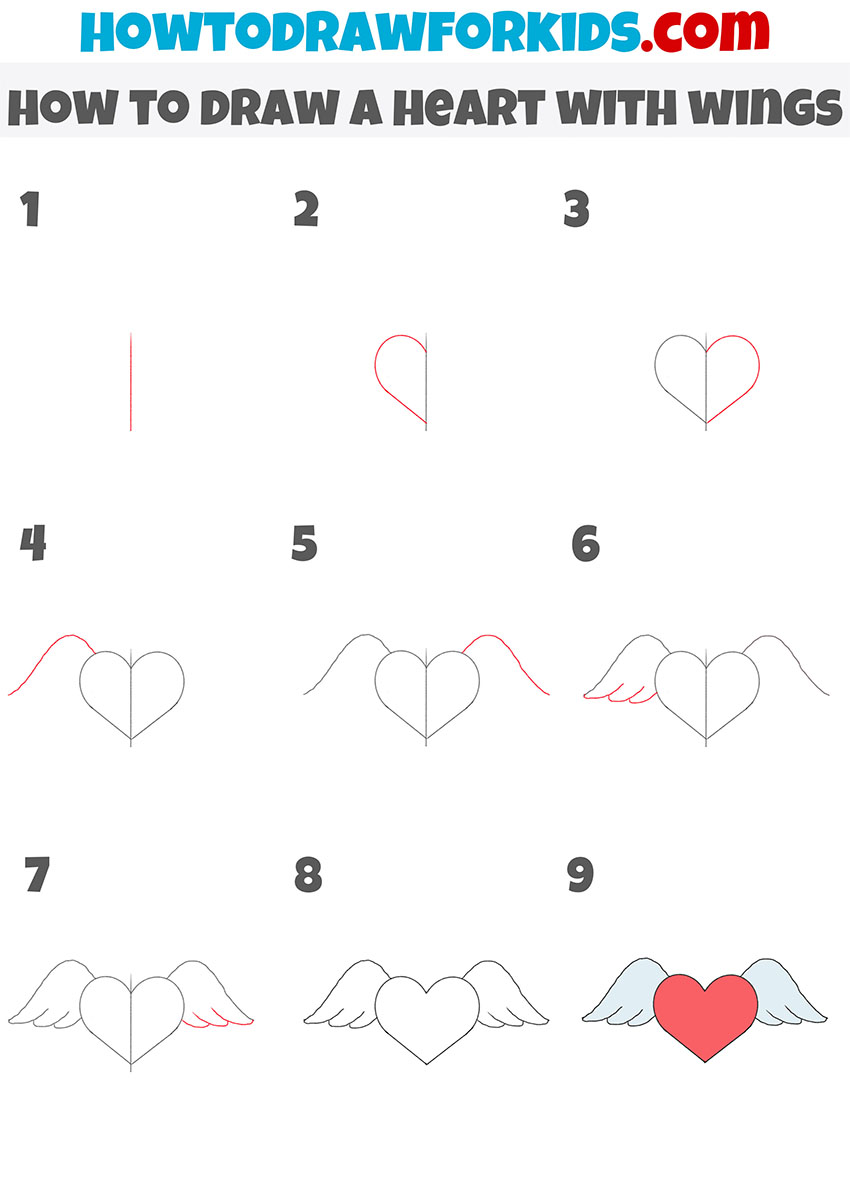 how to draw a heart with wings step by step