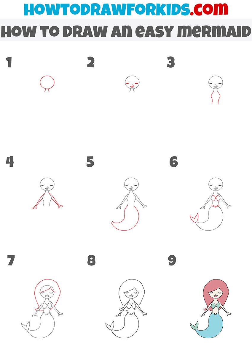 how to draw an easy mermaid step by step