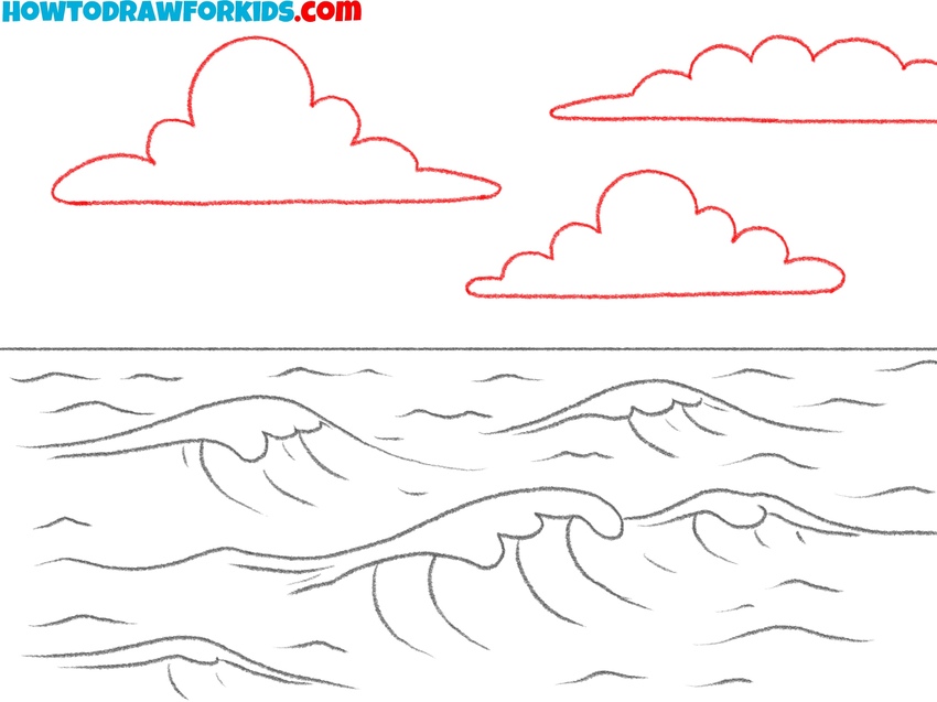 Draw the clouds above the ocean