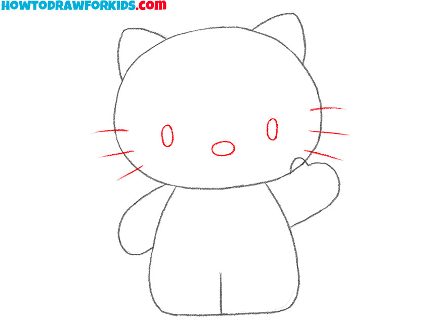 Draw Hello Kitty’s eyes, nose, and whiskers