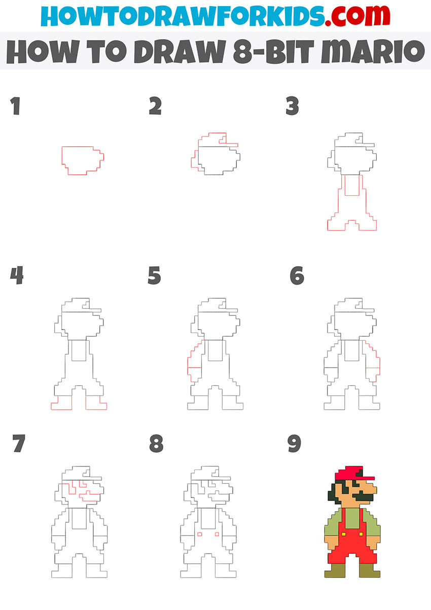 how to draw 8-bit mario step-by-step