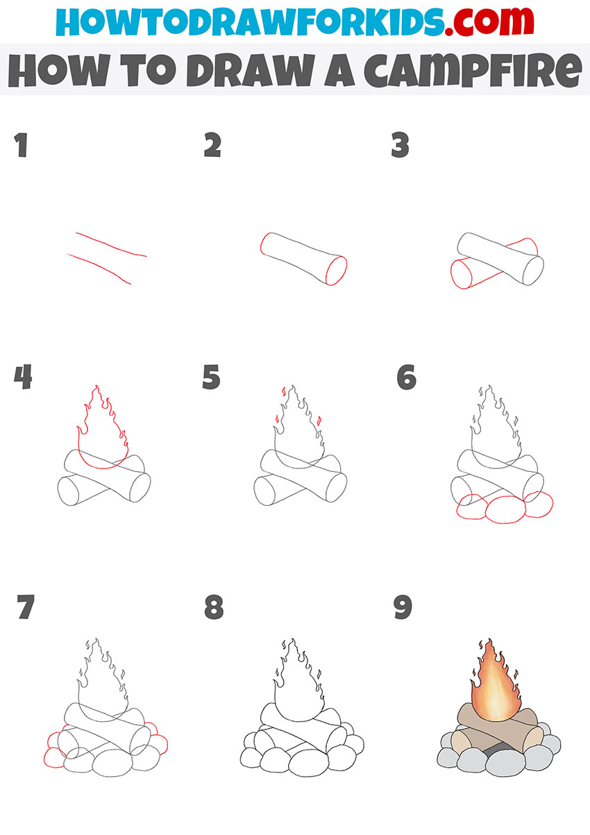 how to draw a campfire step by step