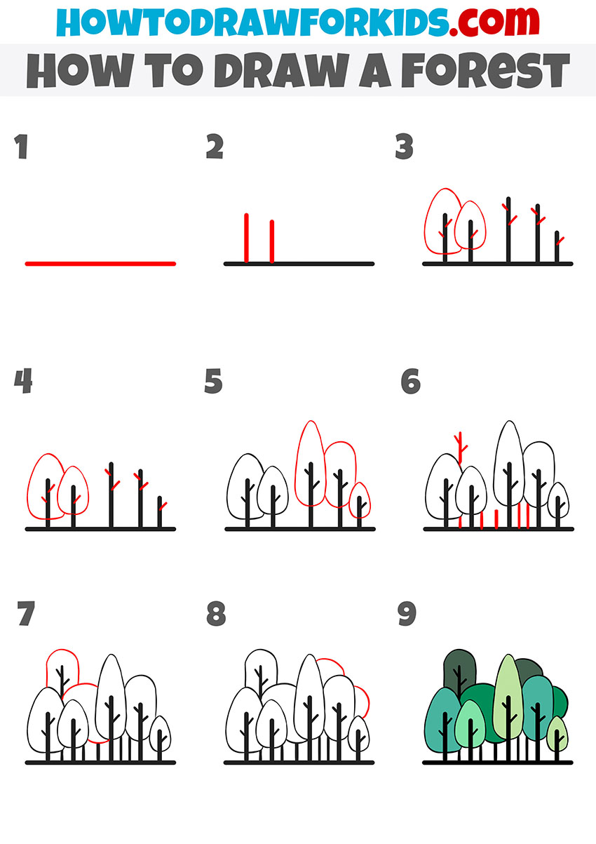 how to draw a forest step by step