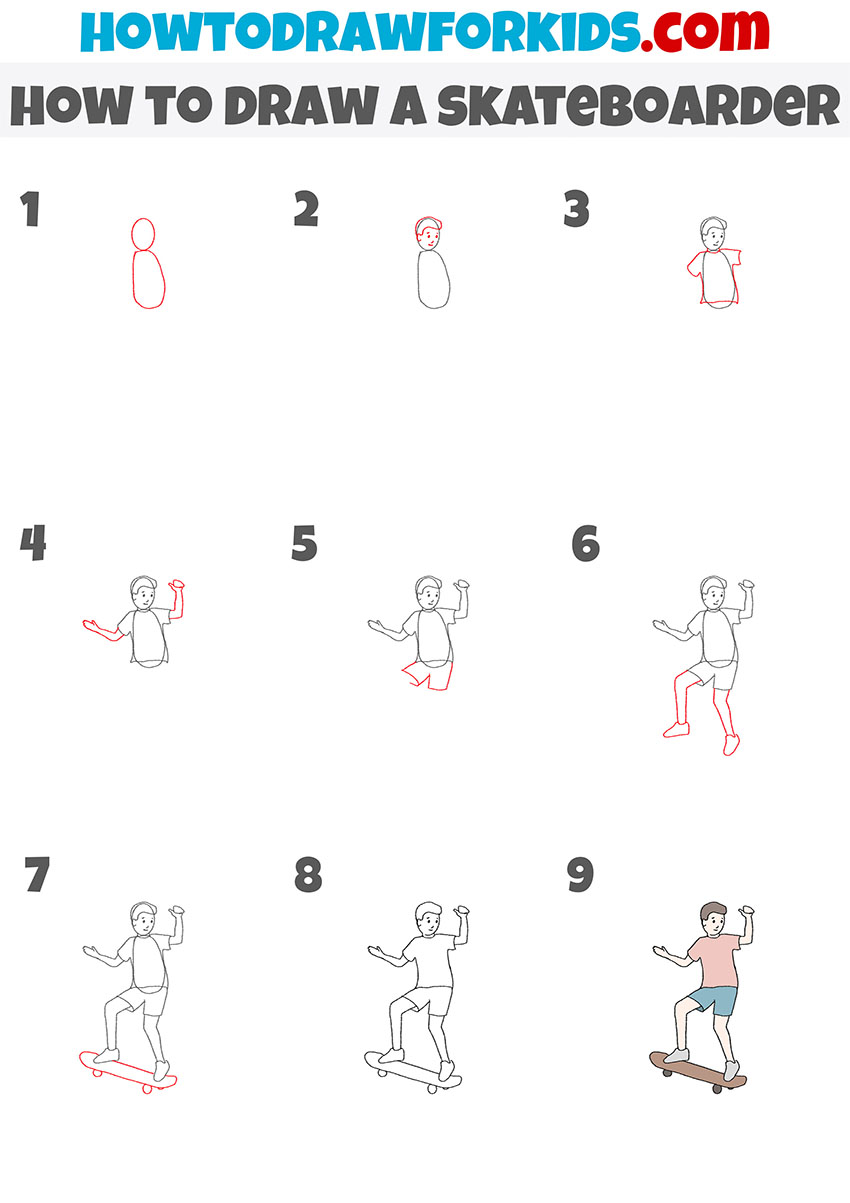 how to draw a skateboarder step by step
