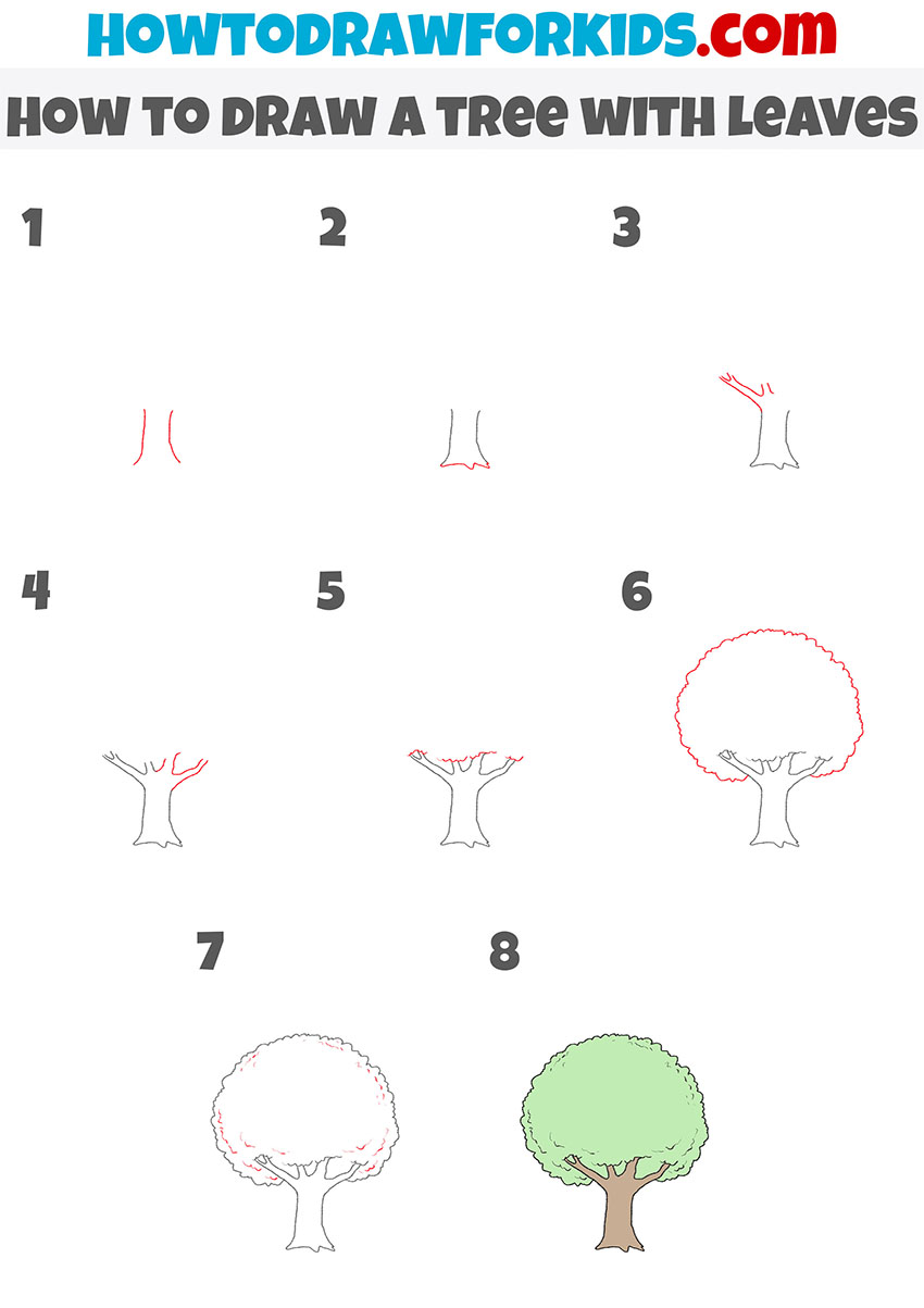 how to draw a tree with leaves step by step