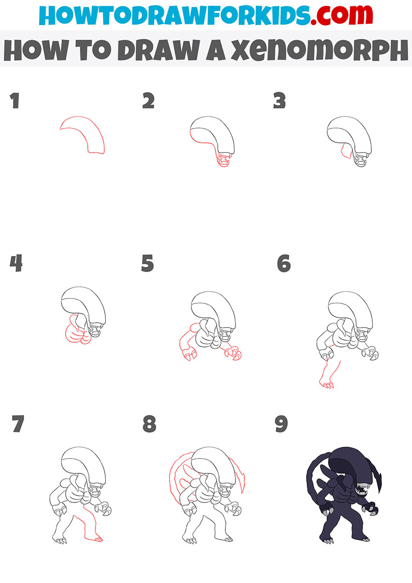 how to draw a xenomorph step by step