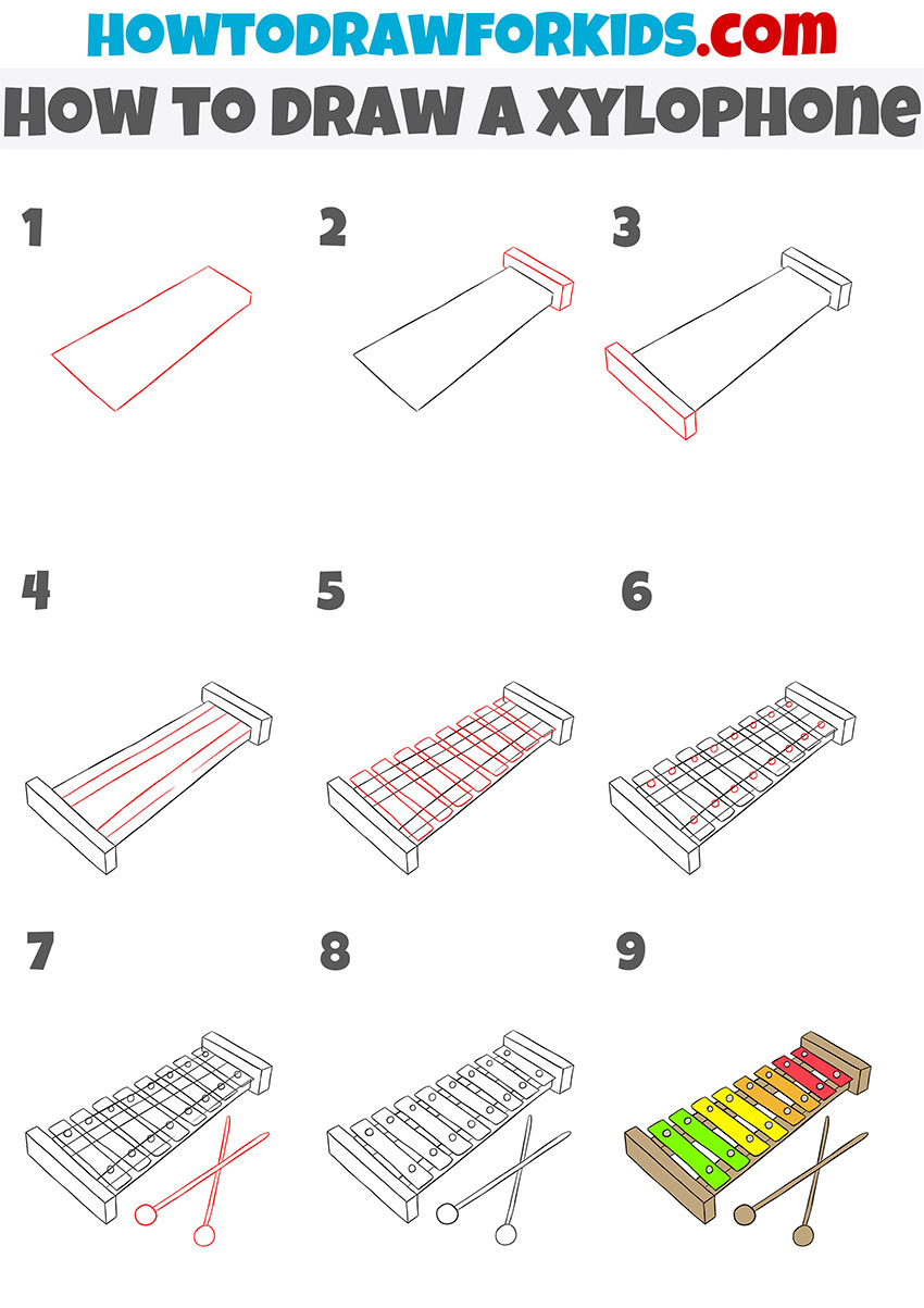 how to draw a xylophone step by step