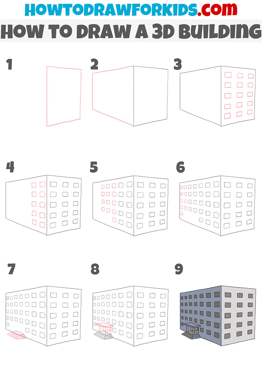 how to draw a 3D building step by step