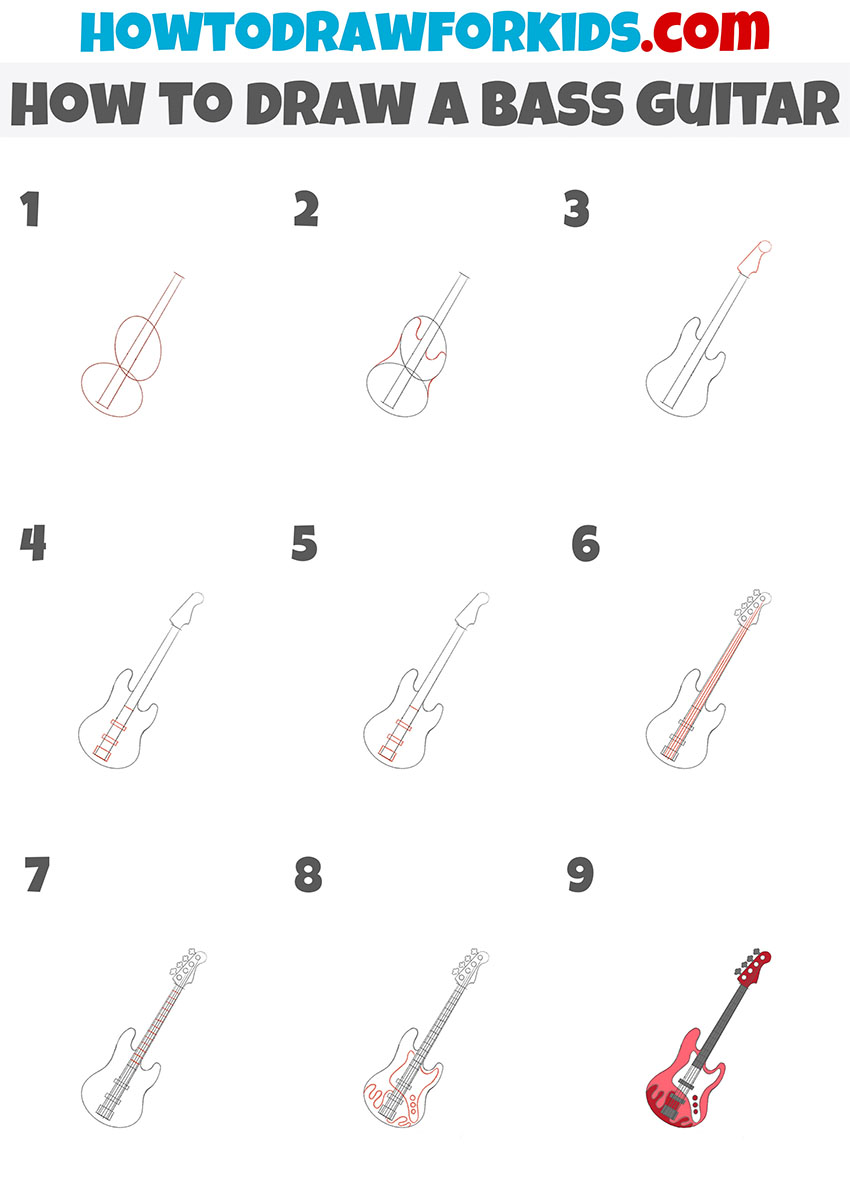 how to draw a bass guitar step by step
