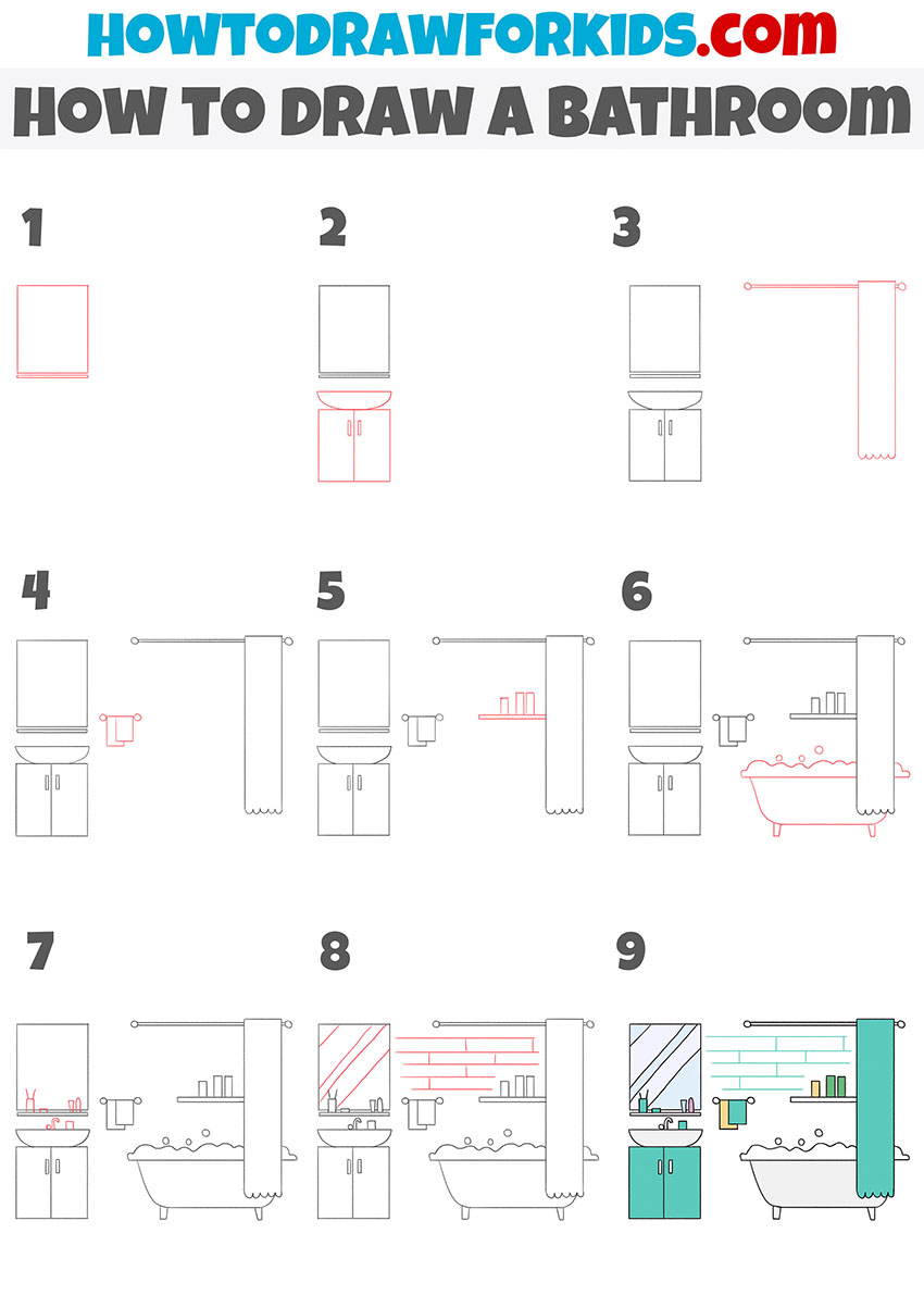 how to draw a bathroom step by step