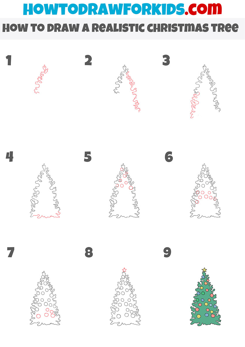 how to draw a realistic christmas tree step by step
