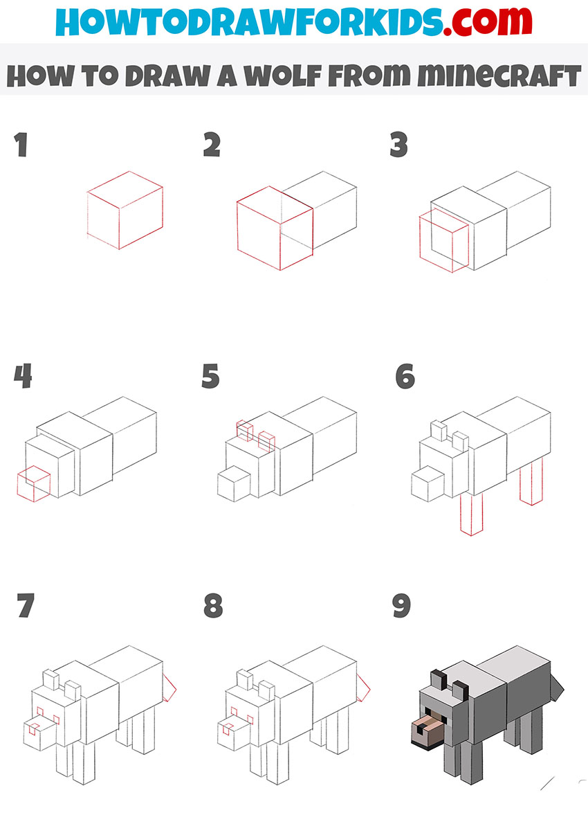 how to draw a wolf from minecraft step by step