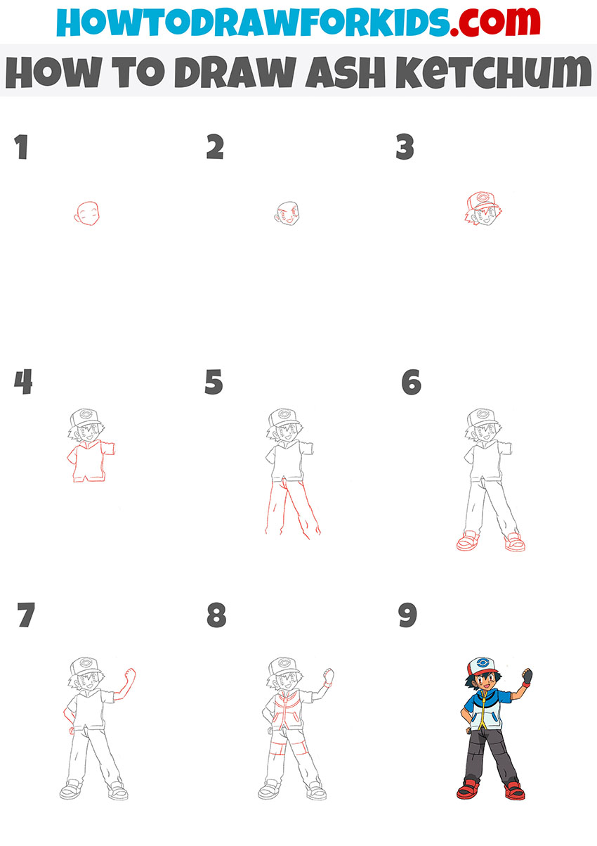 how to draw ash ketchum step by step