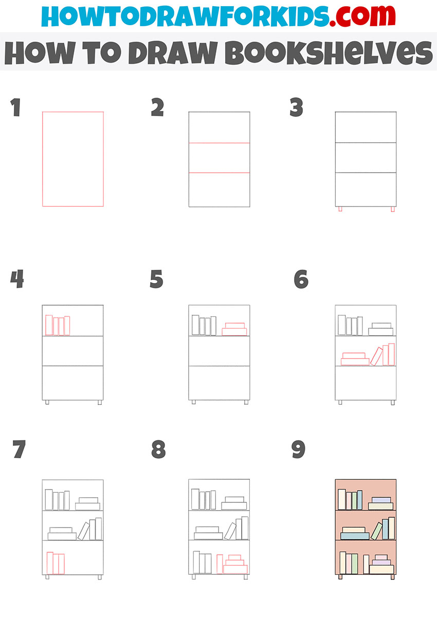 how to draw bookshelves step by step