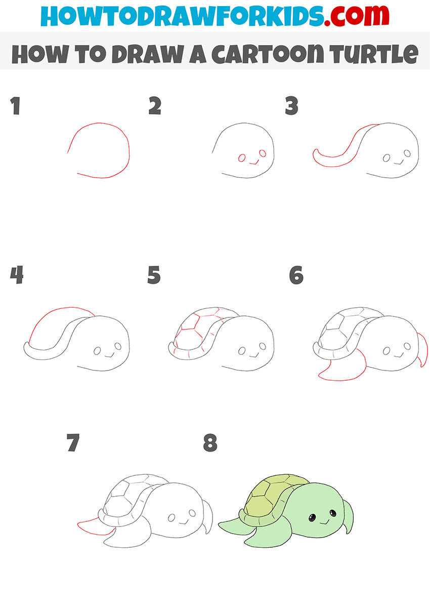 how to draw a cartoon turtle step by step