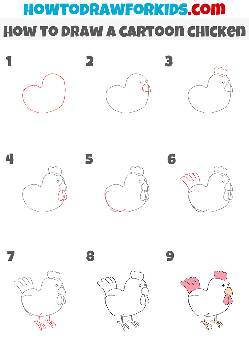 how to draw a cartoon chicken step by step