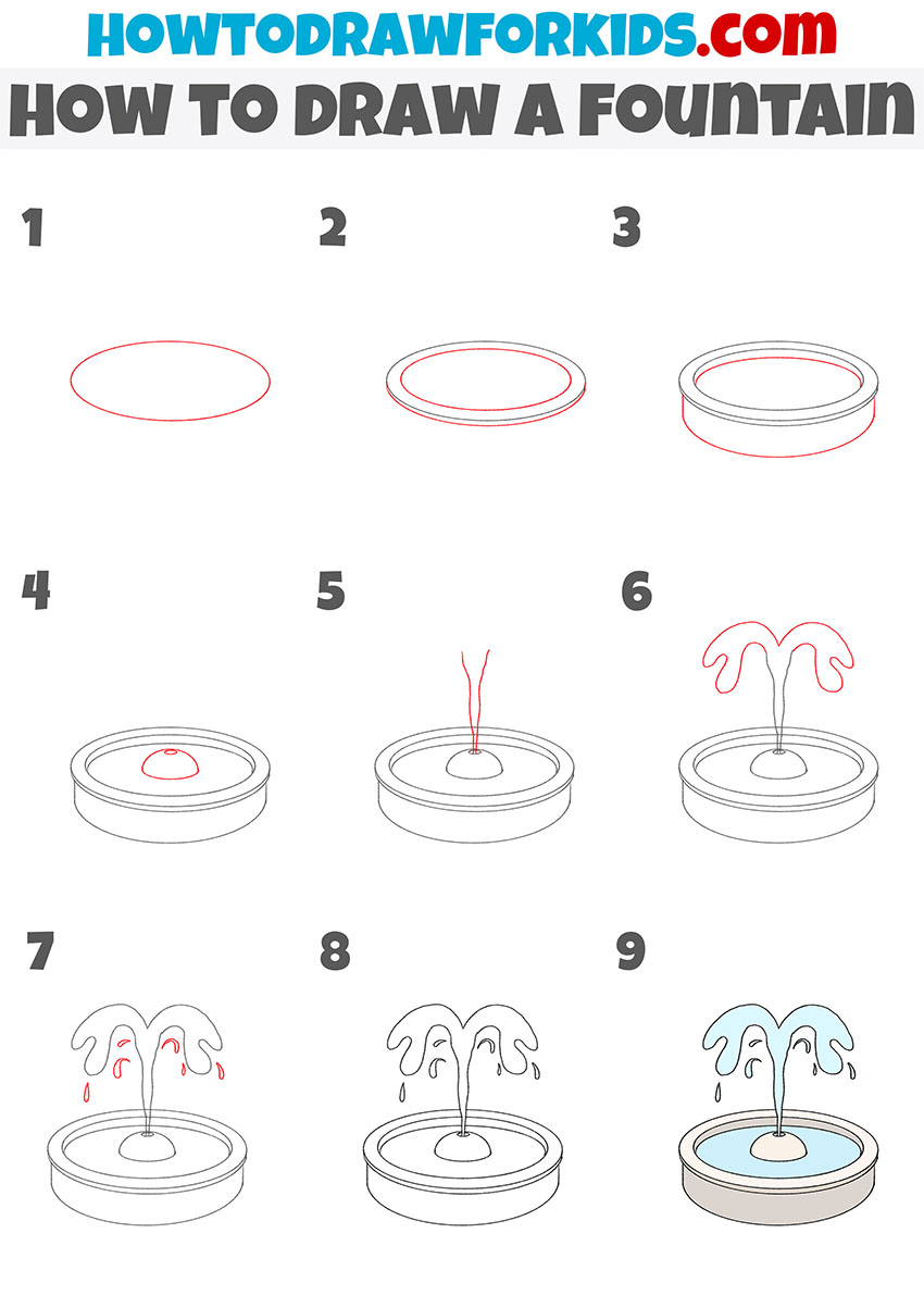 how to draw a fountain step by step