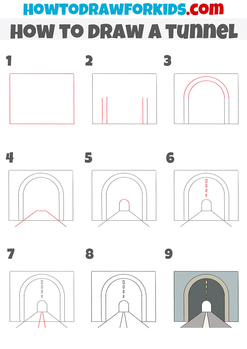 how to draw a tunnel step by step