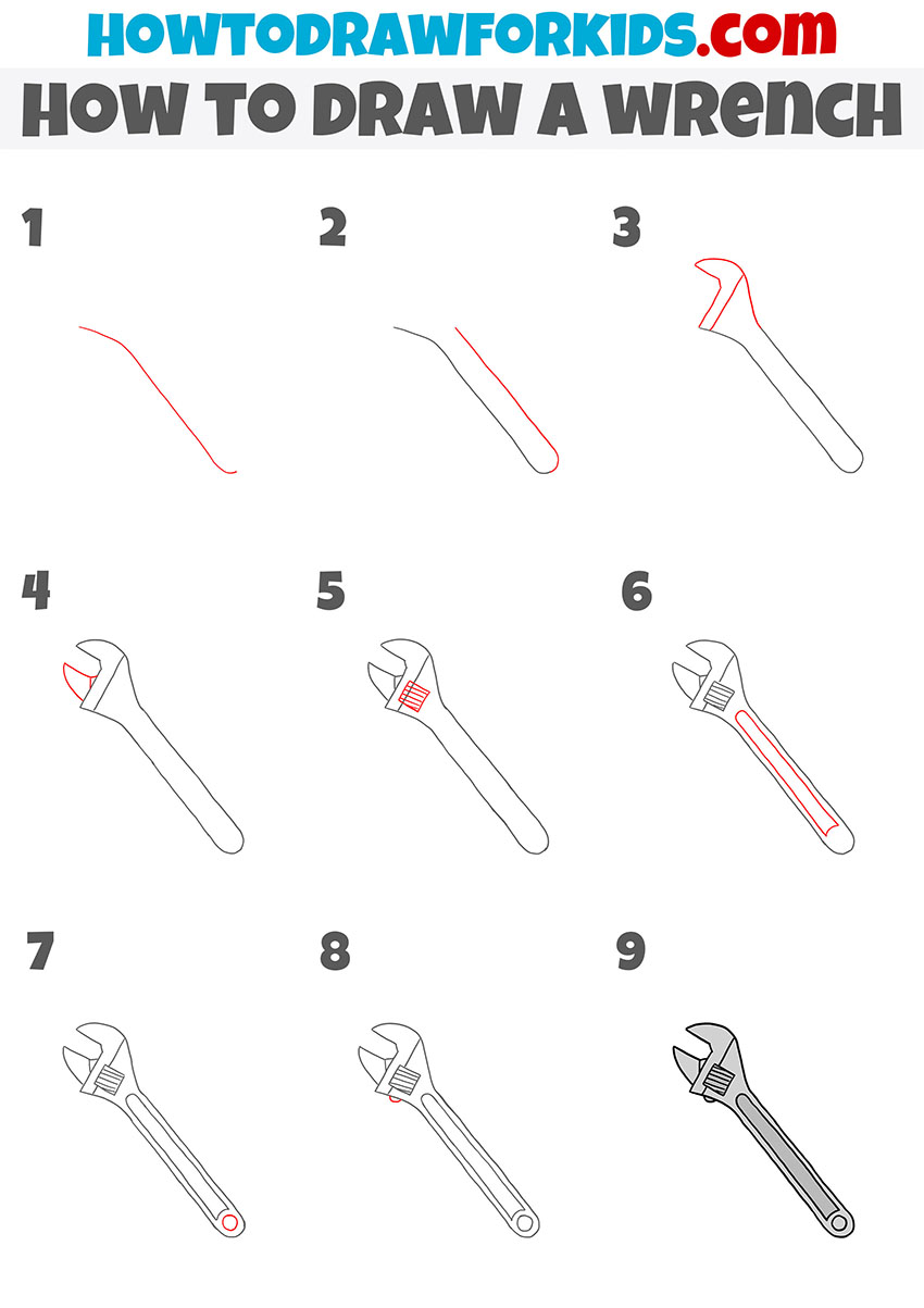 how to draw a wrench step by step