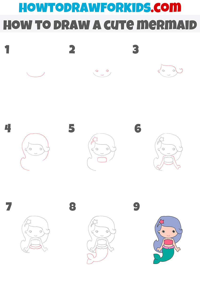 how to draw a cute mermaid step by step