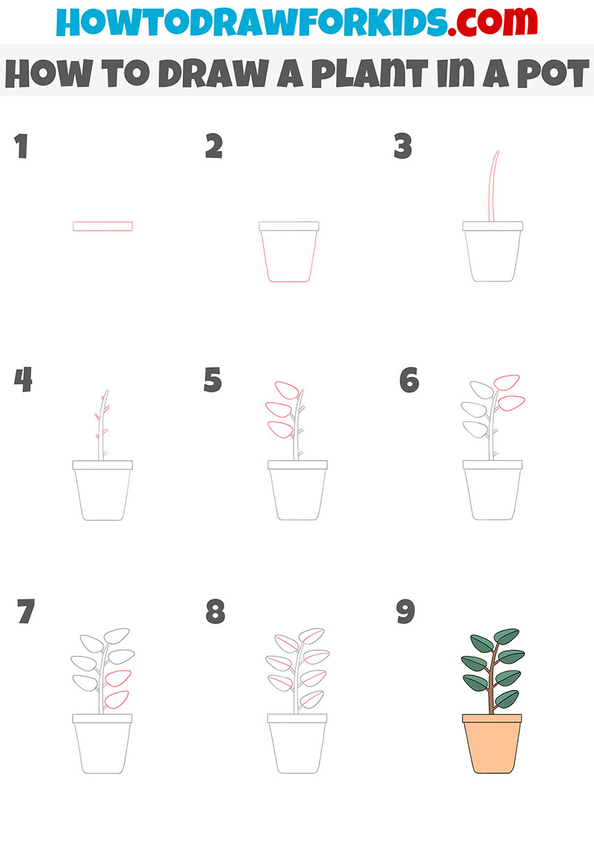 how to draw a plant in a pot step by step