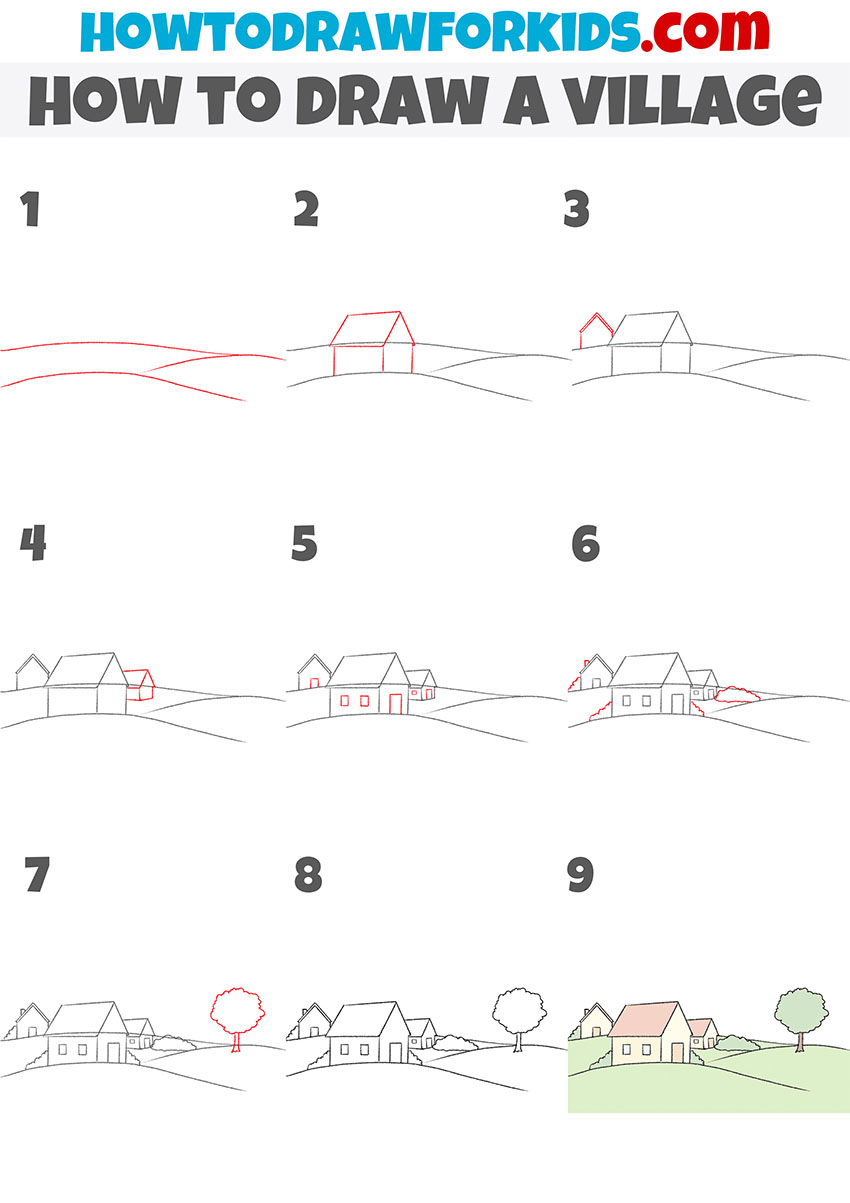 how to draw a village step by step