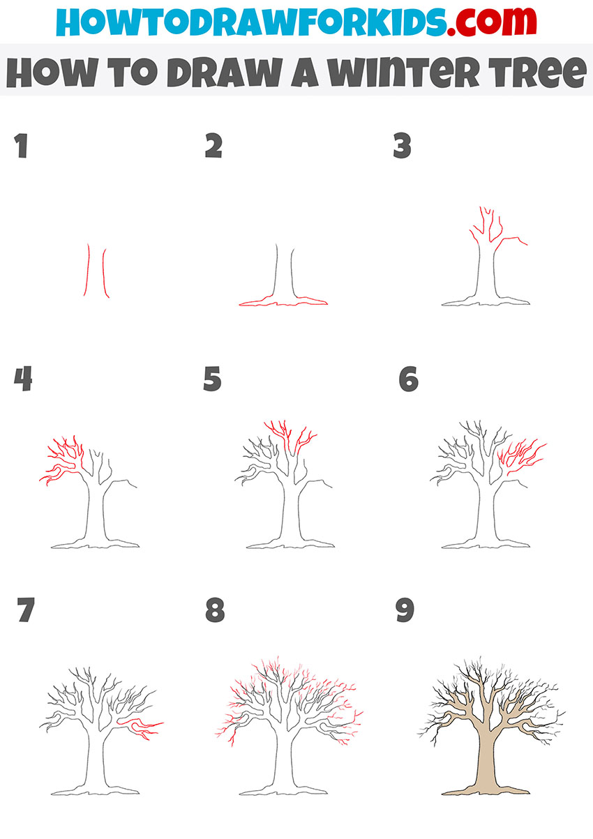 how to draw a winter tree step by step