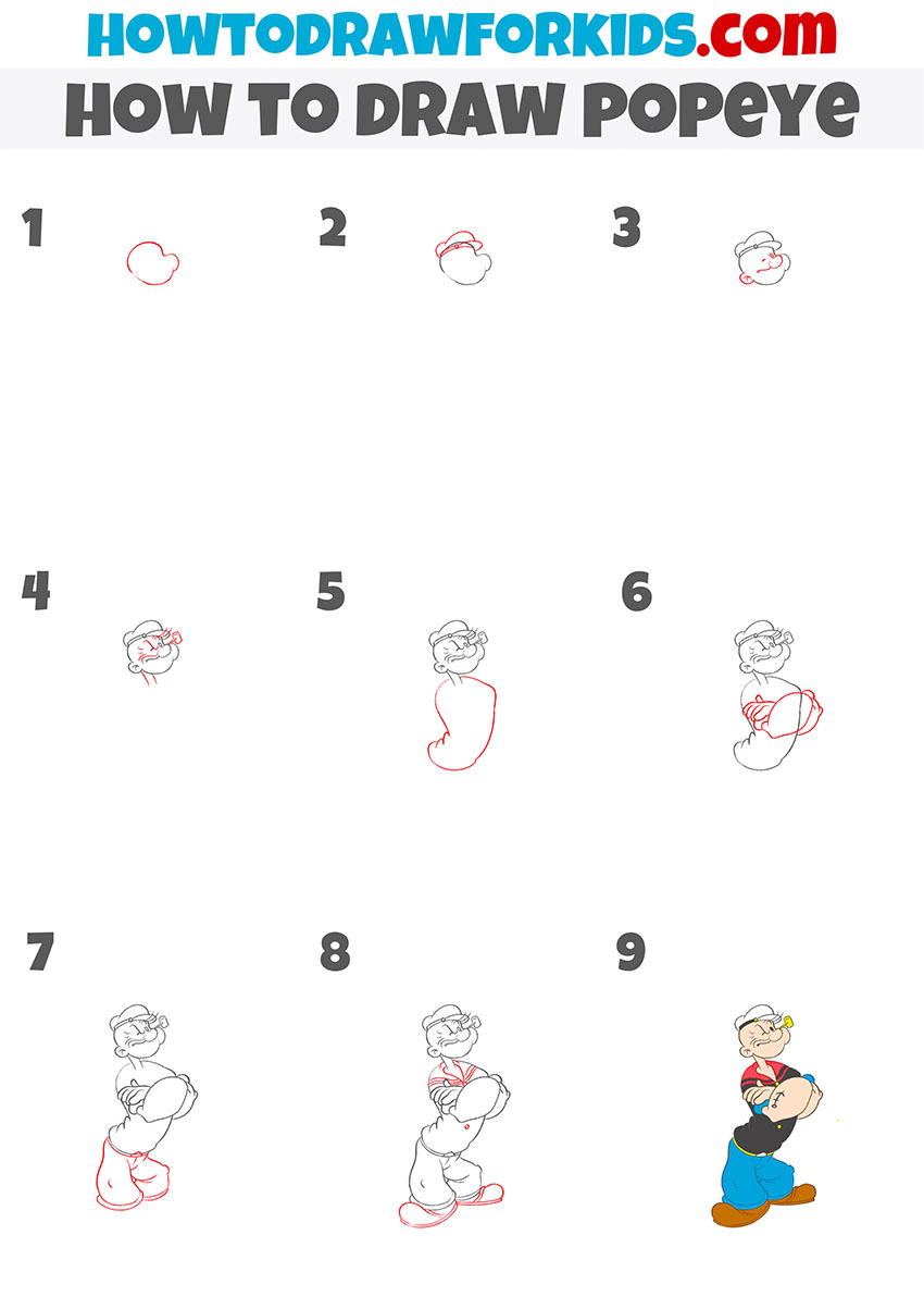how to draw popeye step by step